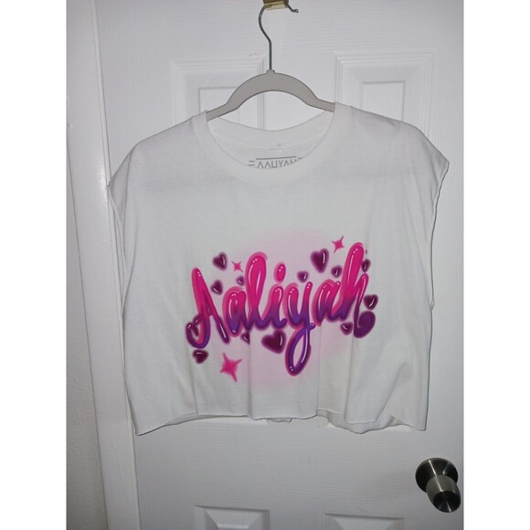 Aaliyah Tops - Aaliyah Womens Medium White Crop T-Shirt Tank Top Pink Graffiti Spray Paint Name